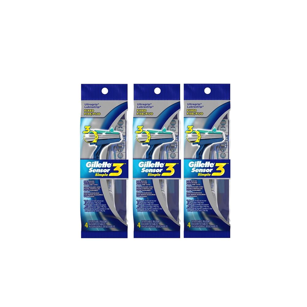 3 Pack Gillette Sensor3 Simple Mens Razor 4 each - 12 total razors